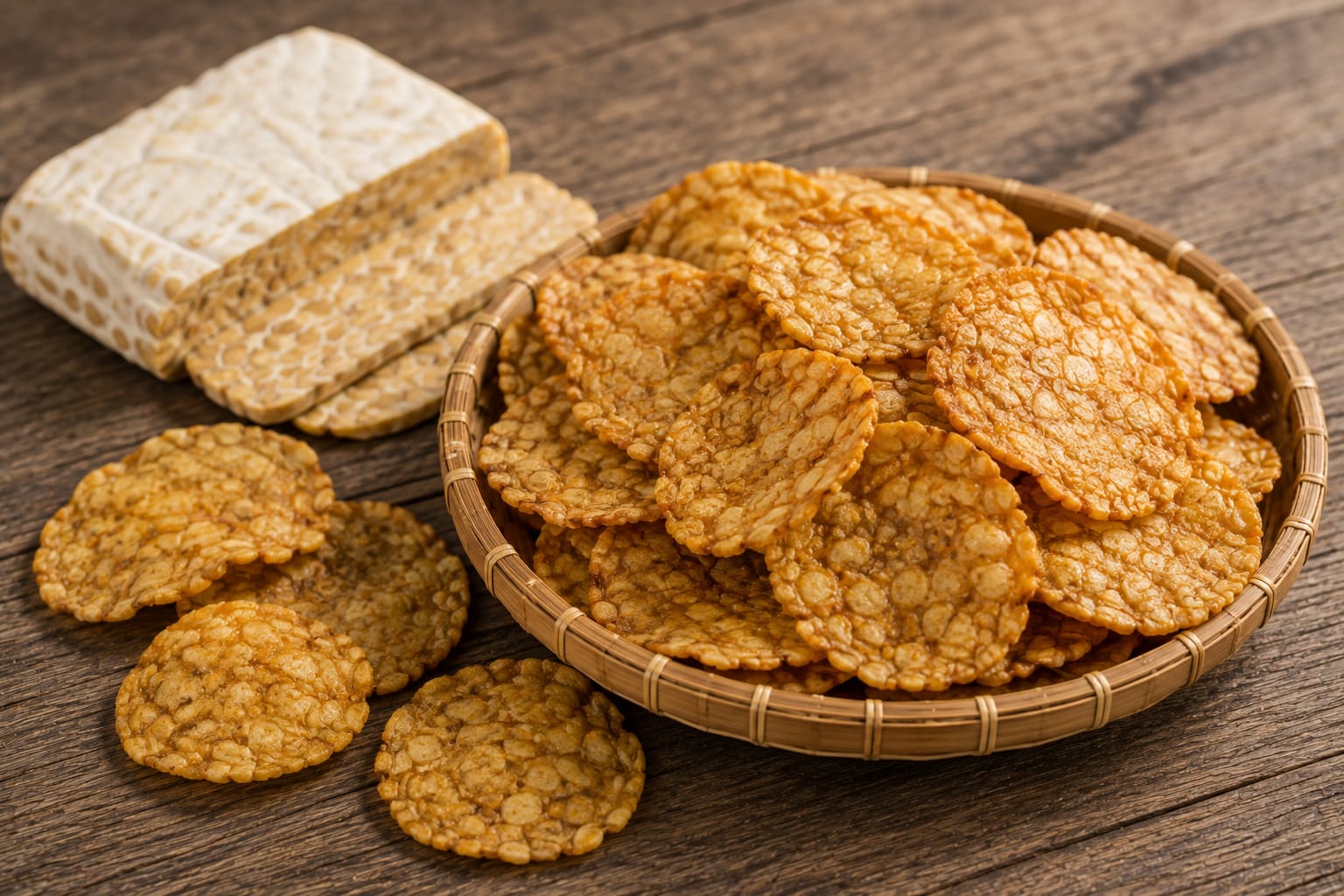 Crispy tempe chips made from fermented soybeans with Indonesian spices